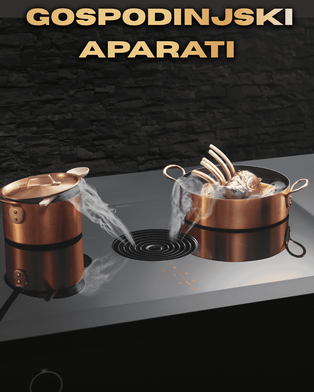 Kitchen appliances on a modern stovetop with pots, steam, and cooking utensils.