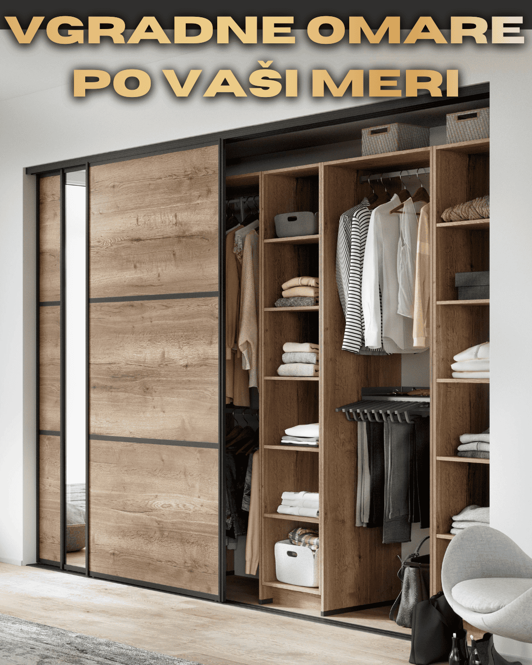 Custom wooden wardrobe with sliding doors and organized interior storage.
