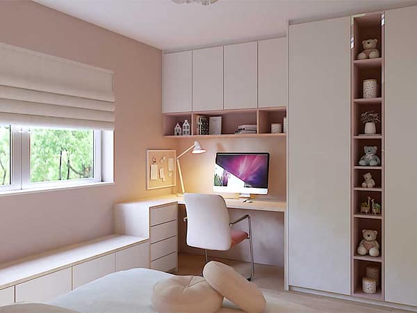 Children's bedroom furniture with built-in storage and workspace. Perfect for creating a functional.