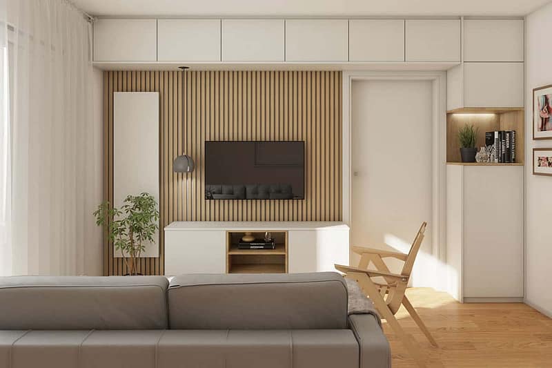 Modern living room with minimalist furniture and wooden accents.