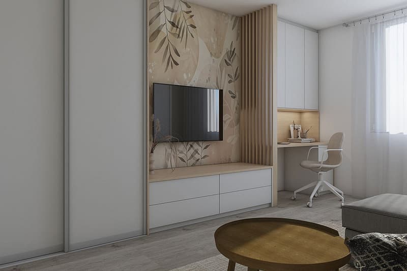 Stylish living room with custom furniture and wall decor, perfect for a cozy and functional space.