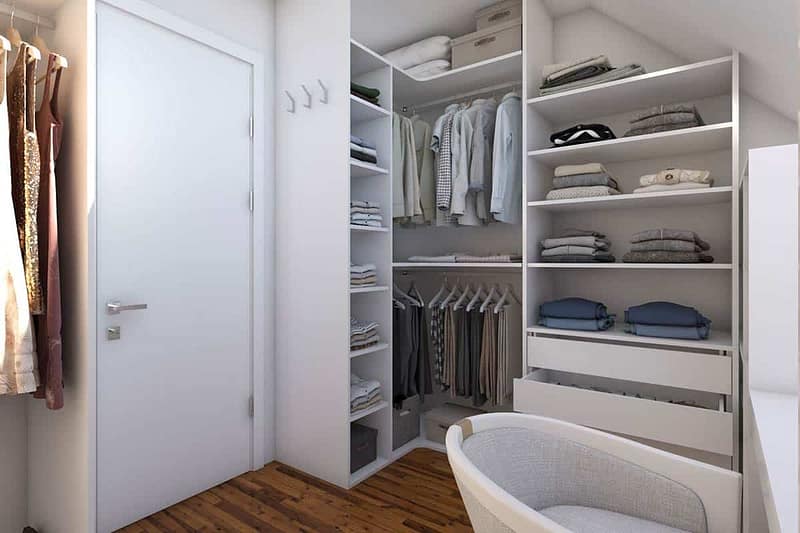 Customizable built-in wardrobe with organized shelves and hanging space. Perfect for maximizing stor.