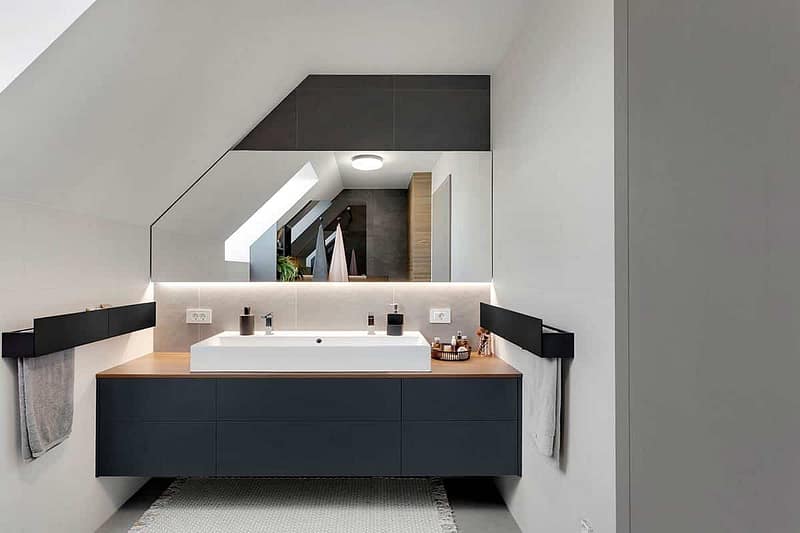 Modern bathroom with sleek cabinetry and minimalist design.