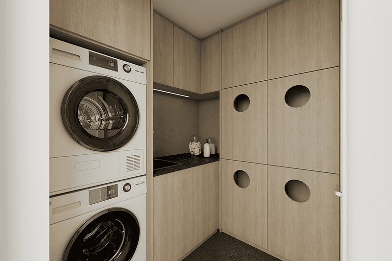 Modern bathroom furniture with built-in storage solutions.