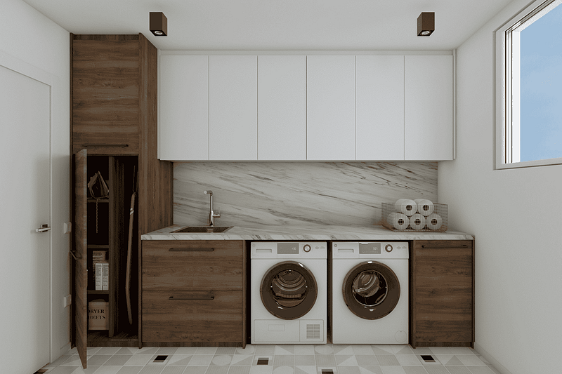 Modern bathroom with custom cabinets and laundry appliances.