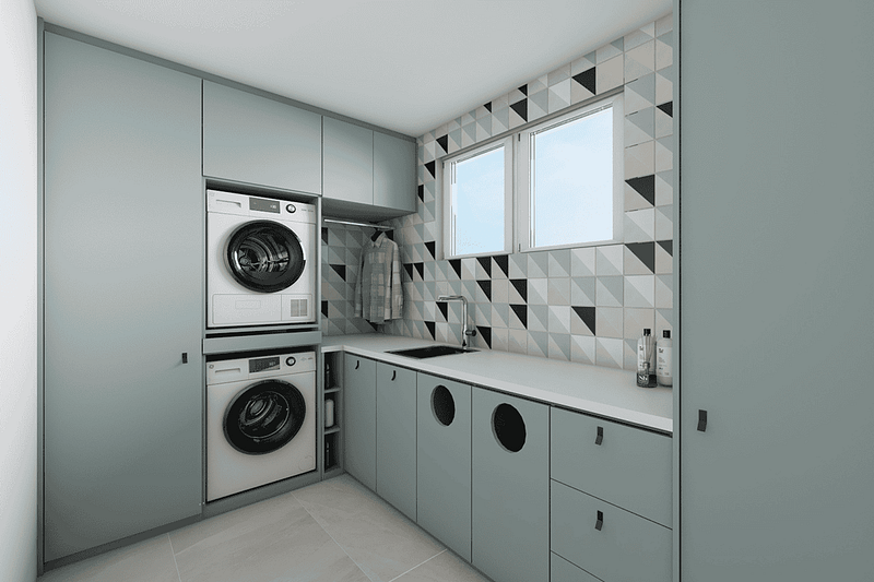 Modern bathroom with laundry appliances and stylish geometric wall tiles.