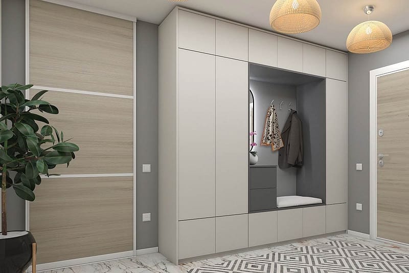 Modern predsobe with integrated storage, seating area, and sleek design.